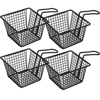 Preview: 4er-Set Pommes Servierkörbchen - Schwarz mattes Metall - Stilvoll für Snacks & Frühlingsrollen - Ideal für Partys - Mit praktischem Griff - 21x13x8.5cm