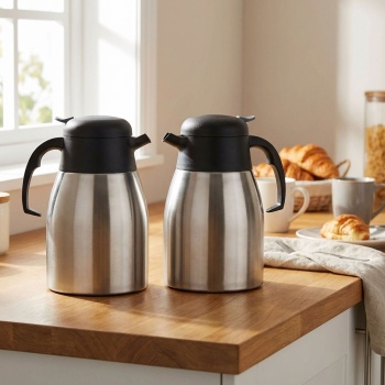 2er-Set Doppelwandige Isolierkanne - Edelstahl 1,5L - Hält Getränke 6h warm/kalt - Ideal für Reise, Arbeit, Freizeit & festliche Anlässe - Einhand-Automatik