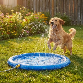 Kühlende Hunde-Wassermatte, Ø 90cm, Blau – Sprühmatte mit Gartenschlauchanschluss – Für Erfrischenden Sommerspass