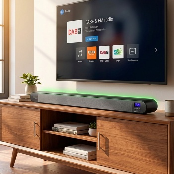 Vielseitige Soundbar mit DAB+ & FM Radio: Bluetooth, HDMI ARC, Optisch, USB & AUX – Perfekter Klang für TV & Musik, maximale Konnektivität