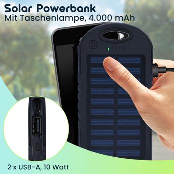 Preview: Solar Powerbank inkl. Taschenlampe, 4.000 mAh, 2x USB-A Anschlüsse, 10 Watt, Solarpanel, Ladestandanzeige, zum Laden von iPhone, Samsung, Android