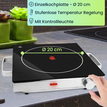 Preview: 2er Set Mobile Glaskeramik-Kochplatte, Edelstahl Gehäuse u. Infrarot-Wärme, Ø 20cm, 2.000 Watt, stufenlose Temperaturregelung, tragbares Ceranfeld