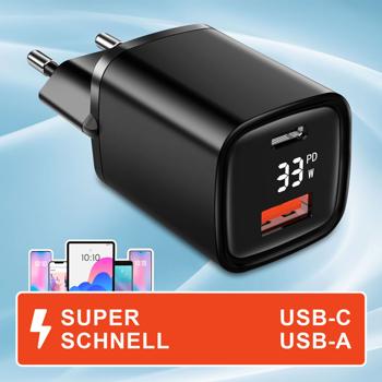 Preview: Leistungsstarkes USB Netzteil Dual Port, USB-C und USB-A, 33 Watt Schnellladegerät, schwarz, Power Delivery und Quick Charge