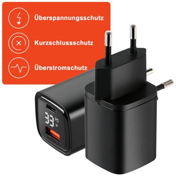 Preview: Leistungsstarkes USB Netzteil Dual Port, USB-C und USB-A, 33 Watt Schnellladegerät, schwarz, Power Delivery und Quick Charge