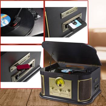 Preview: Nostalgie-Plattenspieler mit CD- & Kassettenspieler – Bluetooth 5.0, Digitalisierfunktion, FM-Radio, Saphirnadel & Stereo-Lautsprecher