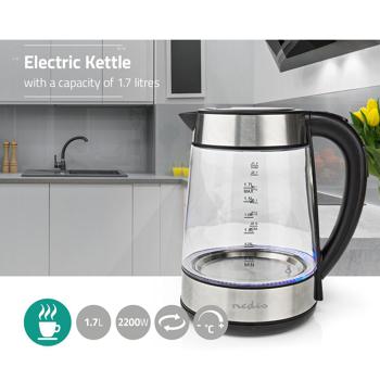 Preview: Hochwertiger Glas-Wasserkocher, 360°-Drehsockel, 1,7 Liter, 2200 Watt, Digitale Temperaturanzeige, 5 Temperaturbereiche: 50, 70, 80, 90, 100 °C