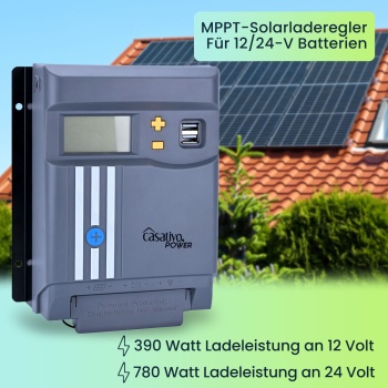 Preview: MPPT Solar-Laderegler 30A für 12V & 24V Batterien – Solarladegerät mit LCD-Display, 2 USB-Ports & umfassendem Überspannungsschutz