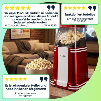 Preview: Nostalgie Popcorn Maker, rot-weiss, Heissluft – 15x29x17cm, Retro Design, für schnelles, fettarmes Popcorn zu Hause