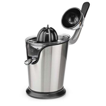 Preview: Effiziente elektrische Edelstahl-Zitruspresse, 100W – Automatik, Alu-Guss-Griff, leichte Reinigung, silber-schwarz