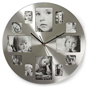 Preview: Runde Foto Wanduhr Silber - Personalisierbar mit 12 Bildern & Quarzuhrwerk - 40 cm Durchmesser - Metall Gebürstet - Batteriebetrieben