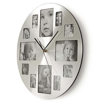 Preview: Runde Foto Wanduhr Silber - Personalisierbar mit 12 Bildern & Quarzuhrwerk - 40 cm Durchmesser - Metall Gebürstet - Batteriebetrieben