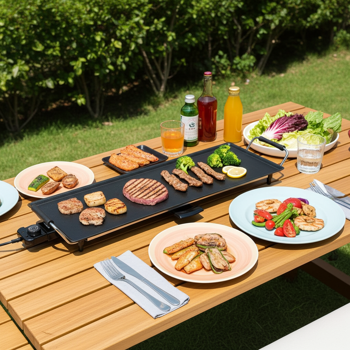 Preview: XXL elektrische Grillplatte – Teppanyaki Tischgrill für fettarmes Braten, 90 x 23 cm, 1800W, antihaftbeschichtet, ideal für Fleisch, Fisch & Gemüse