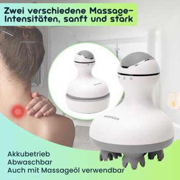 Preview: Professionelles Kopf- und Körper-Massagegerät, 4 Massageköpfe, mobil mit Akkubetrieb, abwaschbar, auch mit Massageöl verwendbar