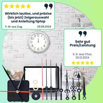Preview: 4er Set Geräuschloses Uhrwerk Komplettset mit 3 verschiedenen Zeigersätzen, leise schleichende Zeiger ohne Ticken, stabiles Gehäuse, Batteriebetrieb