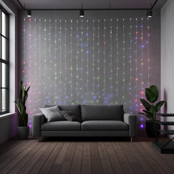 Preview: Farbige WLAN-Smart-Vorhang-Lichterkette - 180 RGB-LEDs - 7 Lichtmuster - IP65 Aussen & Innen - App-Steuerung & Sprachsteuerung (Alexa/Google) - 3m Länge