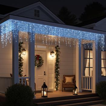 Preview: Eisregen Lichterkette - 360 LEDs, 9 m Länge, 7 Lichteffekte - IP44 spritzwassergeschützt, Timer, kaltweiss - Weihnachtliche Dekoration für Innen & Aussen