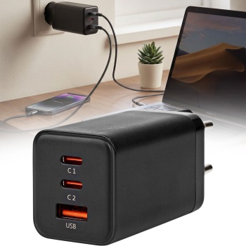 65W USB-GaN-Netzladegerät, 2x USB-C & USB-A, Schnellladefunktion, schwarz – lädt Notebooks, Tablets, Macbooks & Smartphones blitzschnell