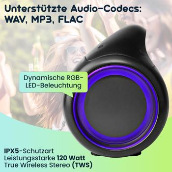 Preview: Premium Bluetooth Lautsprecher (120W) mit Subwoofer, Sprachsteuerung & RGB-LED – Akku, IPX5, edles Design – Ultimatives Klangerlebnis