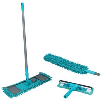 7-teiliges Mikrofaser-Reinigungsset - Teleskop-Stiel 68-120cm - Wischmopp, Staubwedel, Abzieher für streifenfreie Reinigung aller Oberflächen