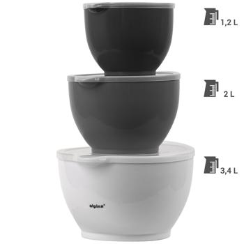 Preview: 3er-Set Rührschüsseln mit Deckel - 1,2 L, 2 L, 3,4 L Volumen - Mikrowellen- & spülmaschinengeeignet - Stapelbar - Optimaler Schutz vor Insekten & Staub