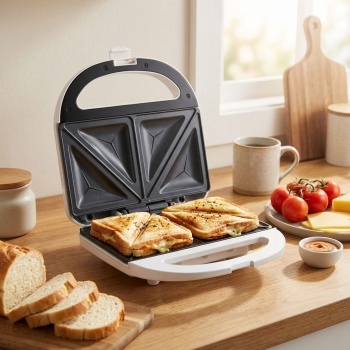 Sandwichmaker Weiss 750W - Für 2 knusprige Toasts & schnelle Mahlzeiten - Antihaftbeschichtung - Ideal für Küche, Büro & Camping