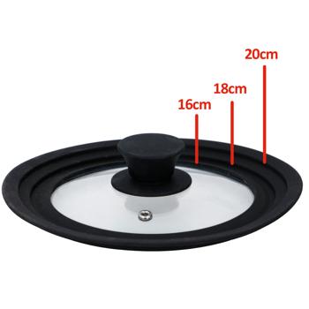 Preview: Universaldeckel Glas mit Silikonring - für Töpfe & Pfannen 16/18/20 cm - schützt vor Kratzern - spülmaschinenfest - 417g - mit Entlüftungsloch