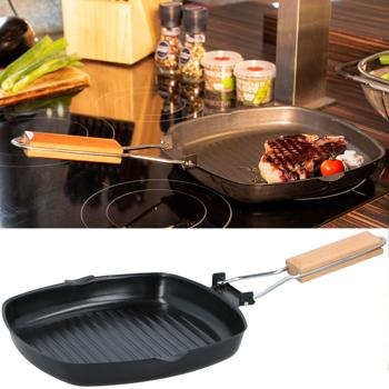 Grillpfanne mit klappbarem Holzgriff Ø 24 cm - PFOA-freie Antihaftbeschichtung für Gasherd, Elektro, Ceran, Halogen - Leicht zu reinigen - Platzsparend
