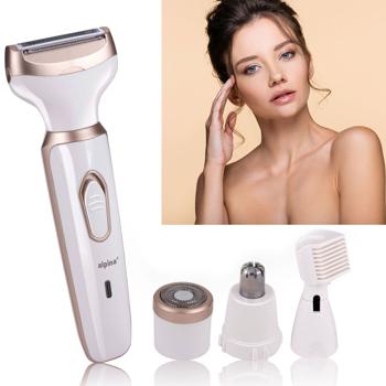 Elektrischer Damenrasierer - Schmerzfreie Haarentfernung - Kabellos per USB aufladbar, inkl. 4 Aufsätzen, Nasenhaarschneider, Augenbrauentrimmer