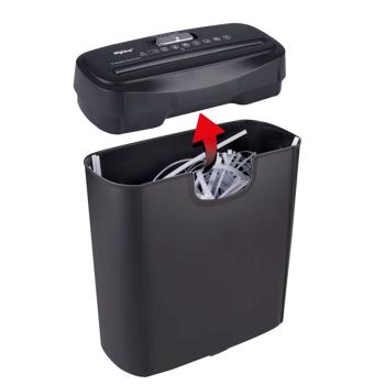 Preview: Robuster Aktenvernichter – schwarz, mit Streifenschnitt für A4-Papier & Kreditkarten, sicher & zuverlässig für Büro & Zuhause, kompakt & effizient