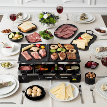 Preview: Raclette Grill 8 Personen 1400W mit Duo-Grillfläche – Stein- und Metallplatte, leistungsstarker Tischgrill für die Familie