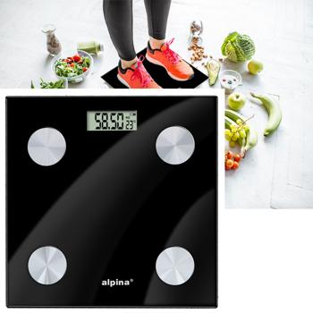 Personenwaage aus Glas mit Körperfettmessung & Bluetooth, digitale Analysewaage mit LCD-Display, präzise Gewichtskontrolle, schwarz, modern & smart