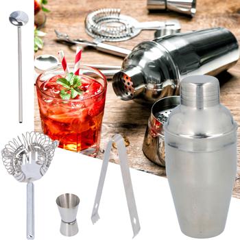 Komplettes 5-teiliges Cocktail-Set aus Edelstahl, 350ml: Mit Shaker, Eiszange, Messbecher, Sieb und Löffel, für kreative Cocktails