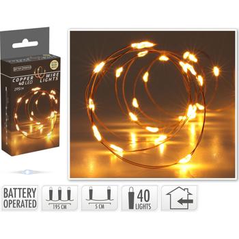 Preview: Lichterkette Batterie 40 LED Kupferdraht extra warmweiss 195 cm, Drahtlichterkette für innen zum Aufhängen und Dekorieren, LED Lichterdraht
