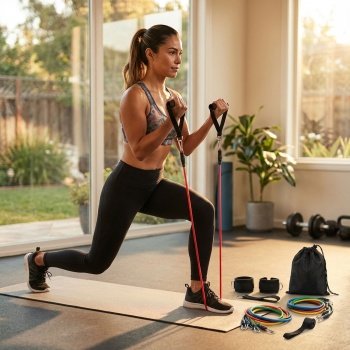 Preview: Widerstandsbänder Set – Krafttraining, Fitness & Dehnung – 5 Fitnessbänder (Gelb-Schwarz) mit Handgriffen, Knöchelriemen & Türanker