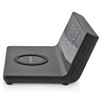 Preview: Moderner Wecker (14x7x12,5cm, schwarz) mit kabelloser QI-Ladefunktion – Stilvolles Design & bequemes Aufladen für das Smartphone