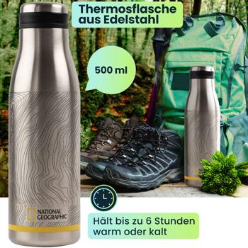 Preview: National Geographic Thermosflasche aus Edelstahl, 500 ml, Schraubverschluss, auslaufsicher, hält 6 Stunden warm oder kalt, ideal für Outdoor Abenteuer