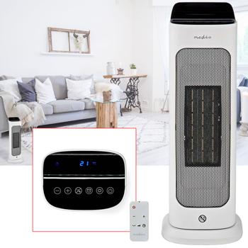 Intelligenter Keramik-PTC Heizlüfter, Turm, mit App-Funktion, Touch-Display, Thermostat, 2 Stufen, weiss/grau. Komfortable & sichere Wärme