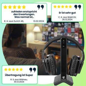 Preview: Kabelloser Funk Stereo Fernsehkopfhörer, 25 m Reichweite, TV-Headphones mit Ladestation, Verstellbarer Kopfbügel, gepolsterte Ohrmuscheln