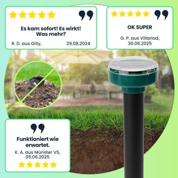 Preview: Hocheffizienter Maulwurf- und Wühlmaus-Vertreiber, 16er Mega Spar Pack, Erdspiesse, solarbetrieben, bis 11200 m², IP44, umweltschonend, ohne Chemie
