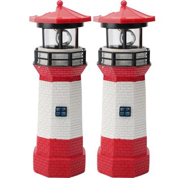 2er-Set Solar-Deko-Leuchtturm mit rotierendem Reflektor: Stimmungsvolle LED-Gartenlaterne (rot-weiss) mit Lichtsensor für maritime Atmosphäre