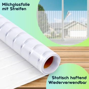 Preview: 4er-Set Milchglasfolie Streifen-Optik - Sichtschutz für Fenster & Türen, statisch haftend, wiederverwendbar - 50x200cm, lichtdurchlässig, zuschneidbar