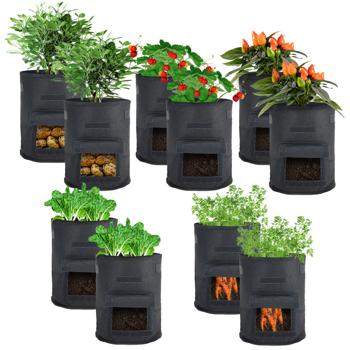 Atmungsaktive 10L Pflanzen-Wachstumssäcke aus Filz, 10er-Set, mit Tragegriffen und Sichtfenster, für Kartoffeln, Gemüse, Beeren und mehr, leicht und robust