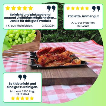 Preview: Praktisches 6er-Set Grillpfännchen für Raclette & BBQ, mit klappbarem Griff & Holzspatel, antihaftbeschichtet – ideal für gemütliche Abende