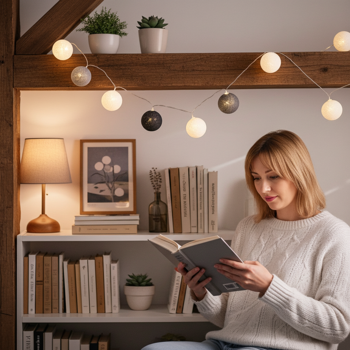 Preview: Dekorative Lichterkette mit 10 Baumwoll-Lampions (weiss-grau-schwarz) – Für eine stimmungsvolle Beleuchtung im Innenbereich