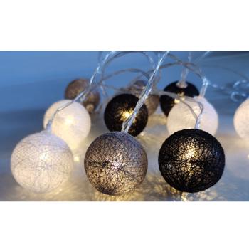 Preview: Dekorative Lichterkette mit 10 Baumwoll-Lampions (weiss-grau-schwarz) – Für eine stimmungsvolle Beleuchtung im Innenbereich