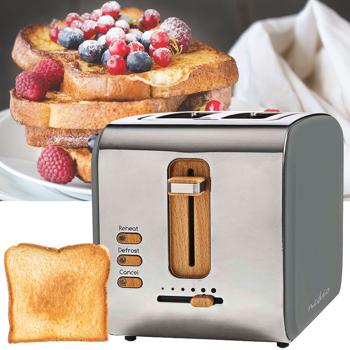 Design Toaster Soft Touch - 900 W Leistung, 6 Röststufen, Auftaufunktion - extra breite Schlitze, Edelstahl- & Holzoptik, grau