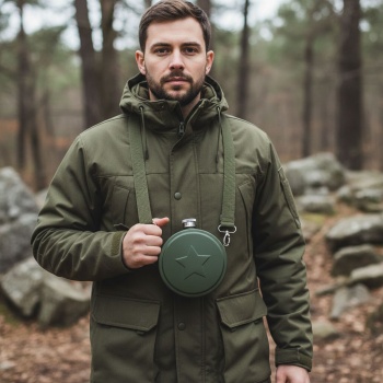 Preview: Feldflasche Militär Style 530ml - Robuste Edelstahl Trinkflasche mit verstellbarem Schulterriemen - Für Camping, Wandern & Outdoor-Aktivitäten - Olivgrün