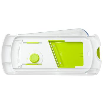 Preview: Gemüsereibe Mandoline - 3 Schneiden (Raspeln, Hobeln, Julienne) - Einstellbares Rad für Scheibengrössen - Inkl. Handgriff & Auffangbehälter - Edelstahlklingen