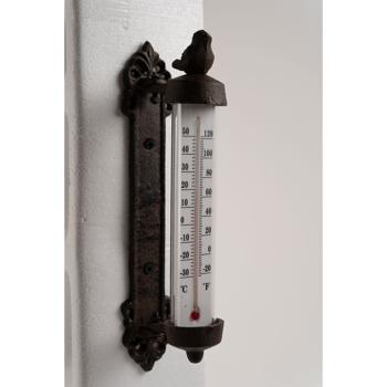 Preview: Nostalgisches Wand-Thermometer mit Vogel, Gusseisen – Drehbare Gartenanzeige im Antik-Stil, schmückende Aussendekoration