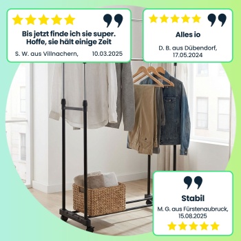 Preview: Doppel Kleiderständer mit Rollen – ausziehbare Kleiderstange von 90 bis 160 cm – stabil, mobil & platzsparend – ideal für Schlafzimmer, Ankleide & Flur